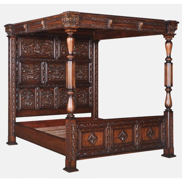 6' King Size Mahogany Carved Four Poster Bed