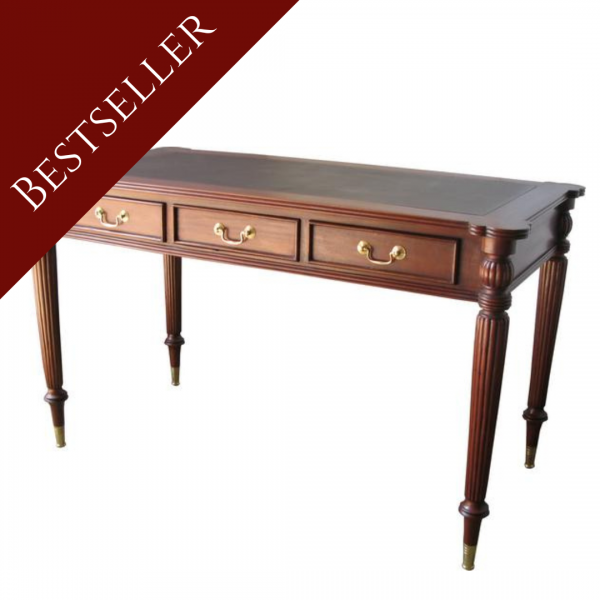 Traditional Solid Mahogany Three Drawer Writing Desk Brown Leather