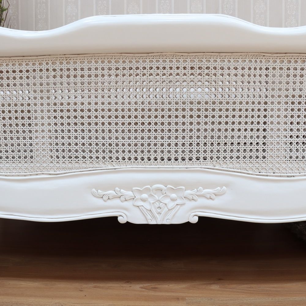 French Antique White Rattan Bed Frame