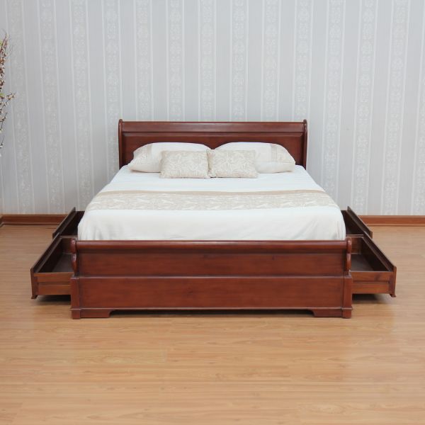 Mahogany Sleigh Bed With 4 Storage Drawers, Solid Wood Mahogany Bed Frame