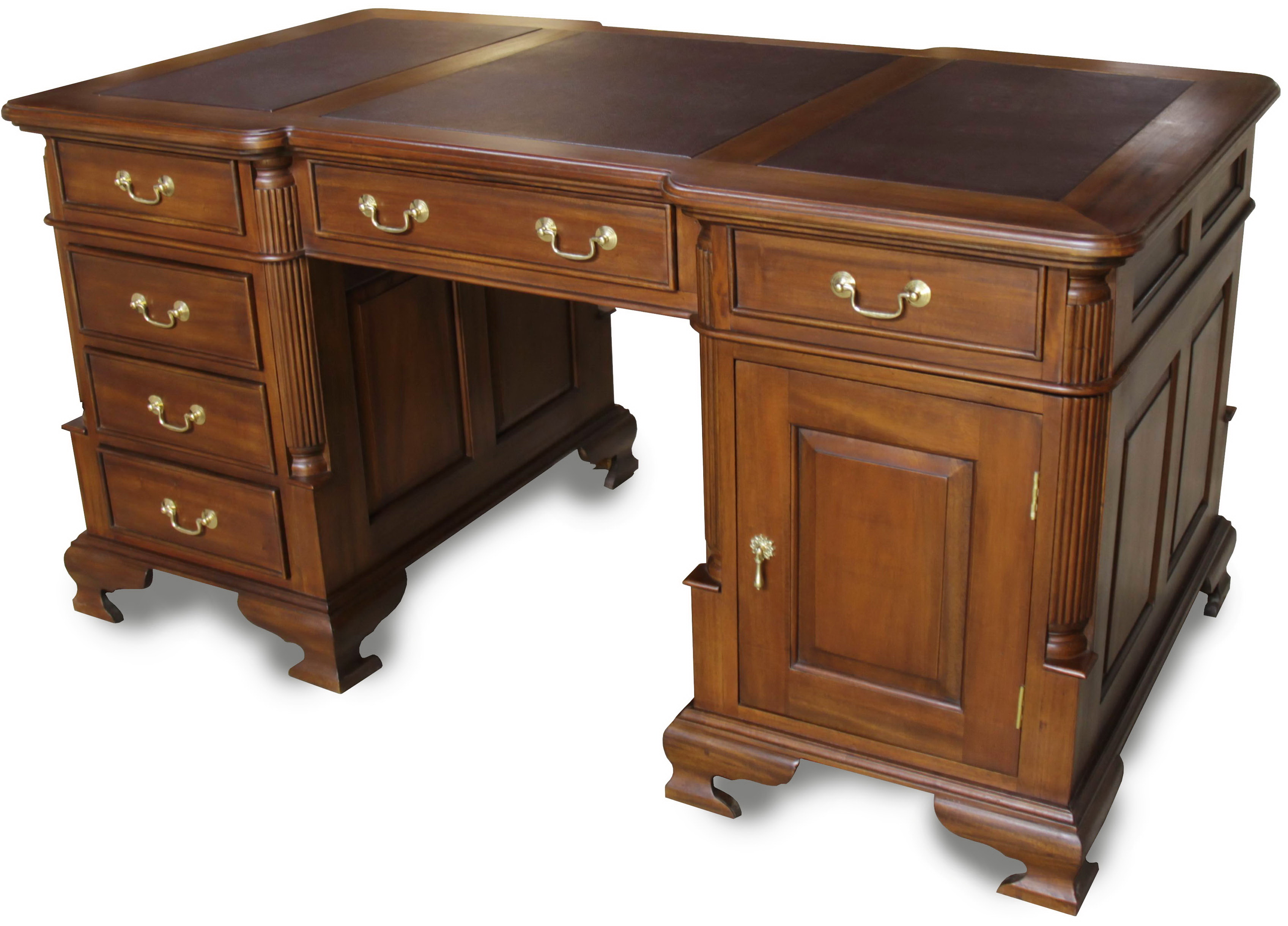 Large Mahogany Partners Desk With Brown Leather Top And Brass