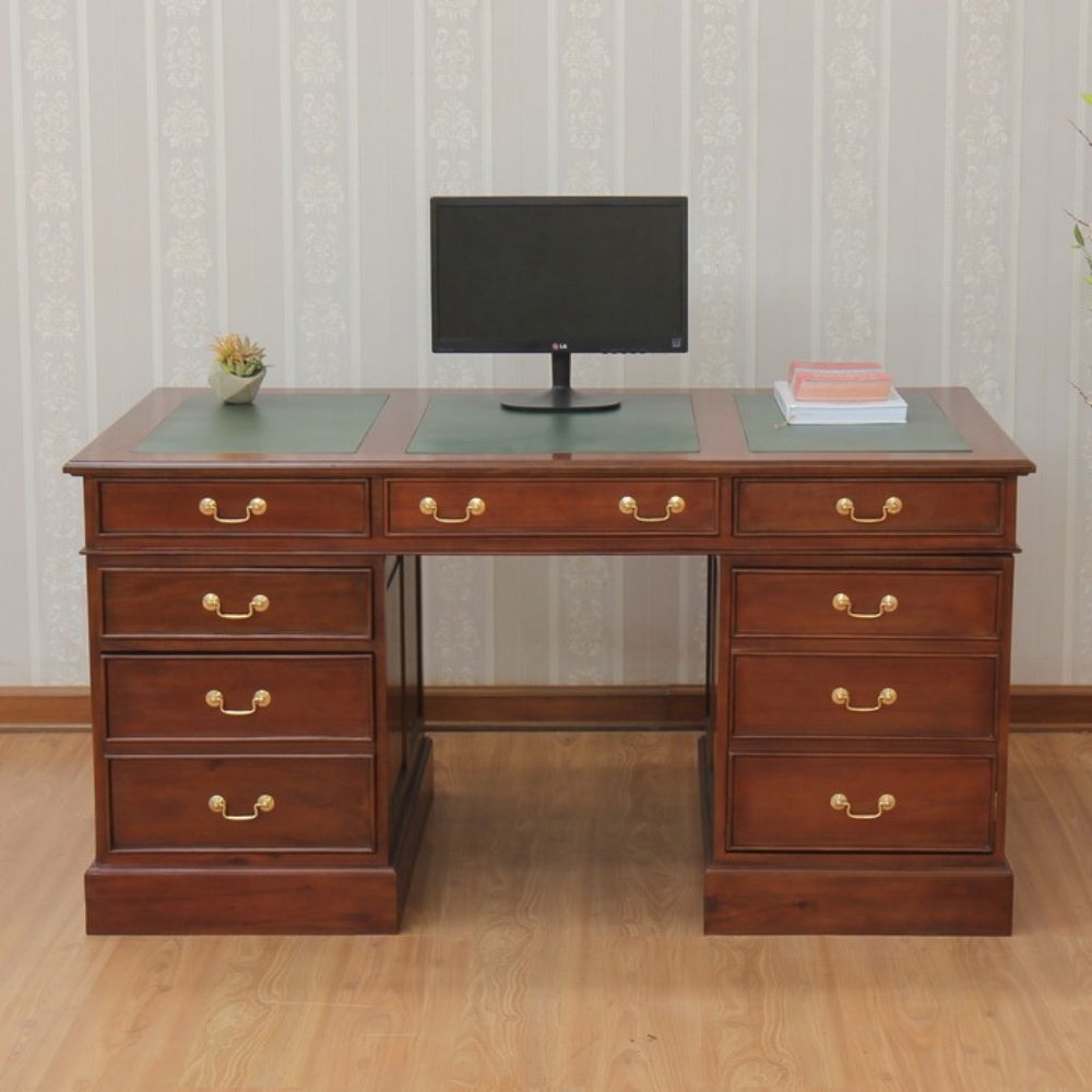 Mahogany Computer Desk Large with Leather Top and Brass Handles DSK003G S