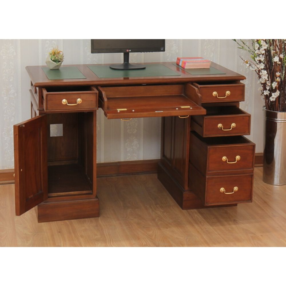 Small Mahogany Computer Desk with Leather Top and Brass Handles