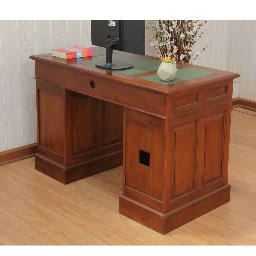 Small Mahogany Computer Desk with Leather Top and Brass Handles