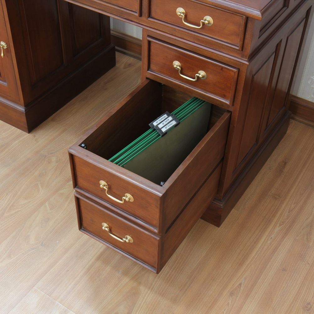 Small Mahogany Computer Desk with Leather Top and Brass Handles