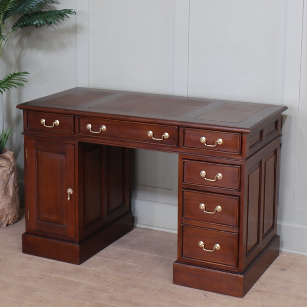 Small Mahogany Computer Desk with Leather Top and Brass Handles