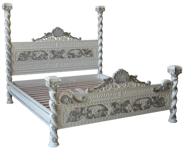 Venetian Four Poster Bed White & Silver