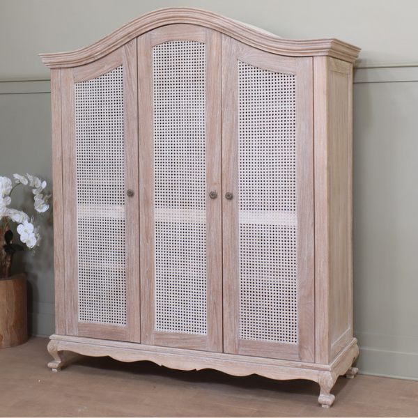 Eloise Weathered French Triple Wardrobe With Rattan Doors