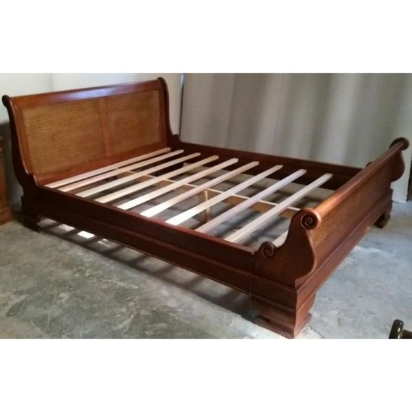 French Mahogany And Rattan Sleigh Bed