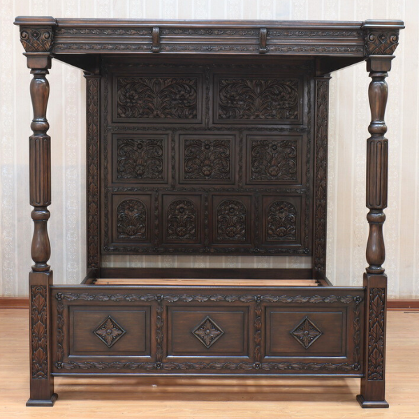 Carved Four Poster Bed with Dark Oak Finish
