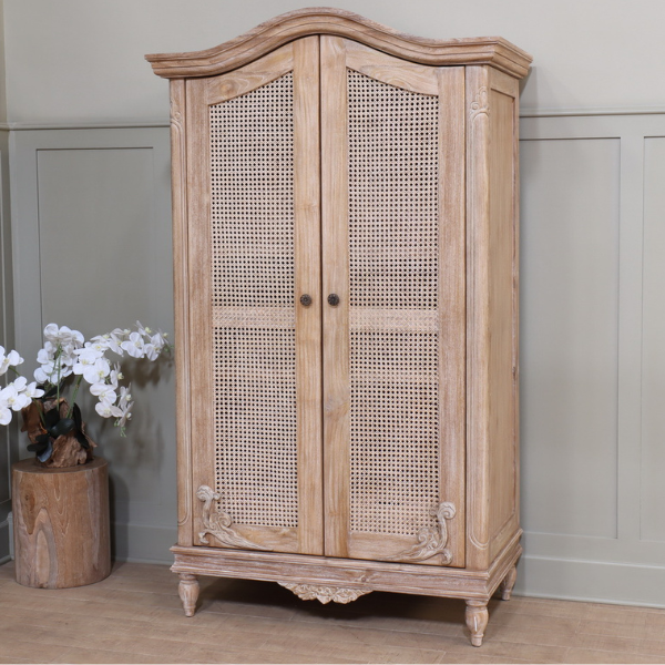 Belle French Weathered Wardrobe with Rattan Doors
