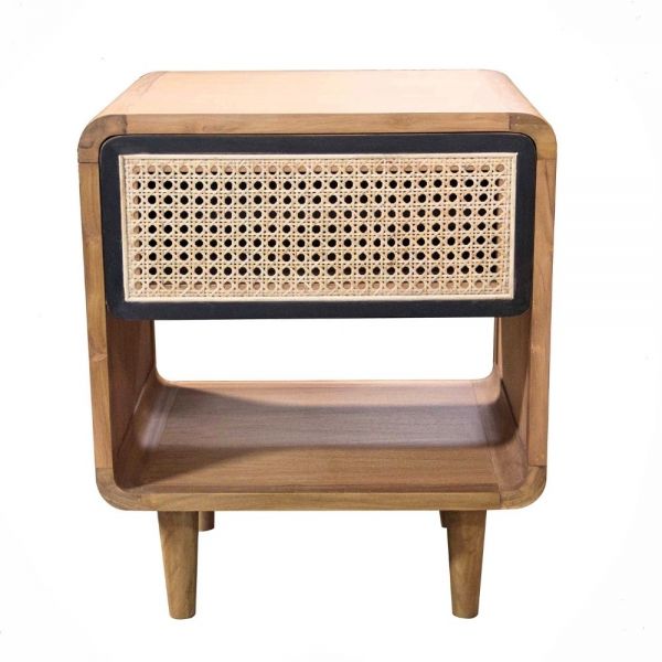 Retro Teak and Rattan Bedside Table