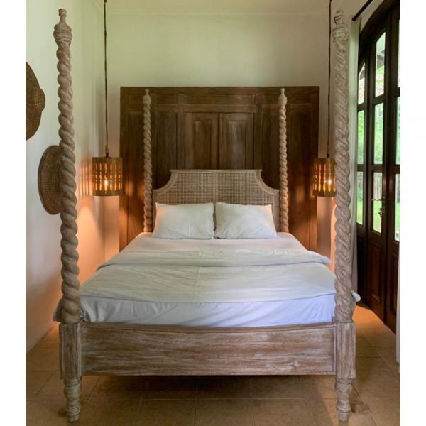 Barley Twist Four Poster Weathered Teak And Rattan Bed Frame
