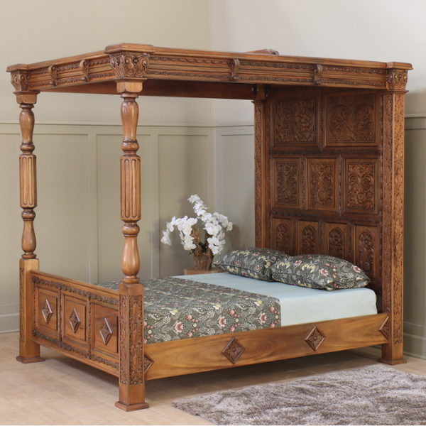 Carved Four Poster Bed with Light Oak Finish