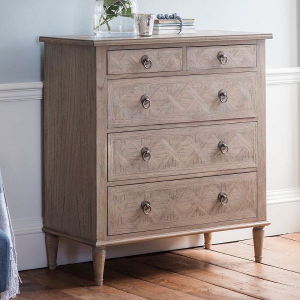 Martinique Weathered Parquet Five Drawer Chest Of Drawers