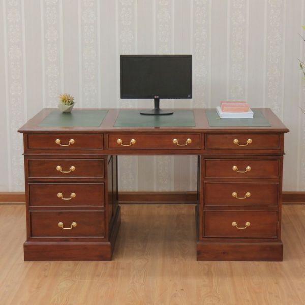 Mahogany Computer Desk Large with Leather Top and Brass Handles DSK003G/S