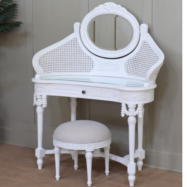 French Rattan Dressing Table with Stool