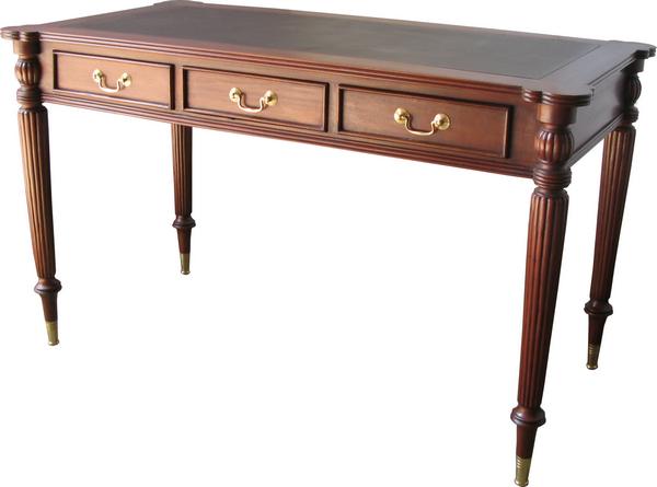 Traditional Solid Mahogany Three Drawer Writing Desk Brown Leather