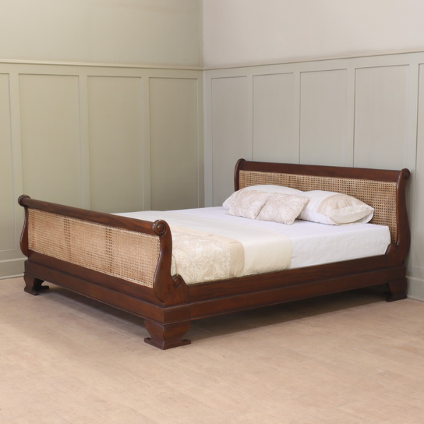 Mahogany French Rattan Sleigh Bed Frame B012