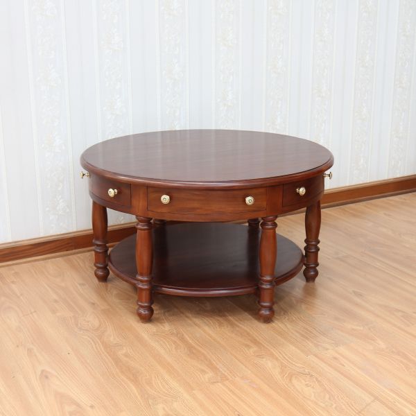 Round Mahogany Coffee Table with 6 drawers