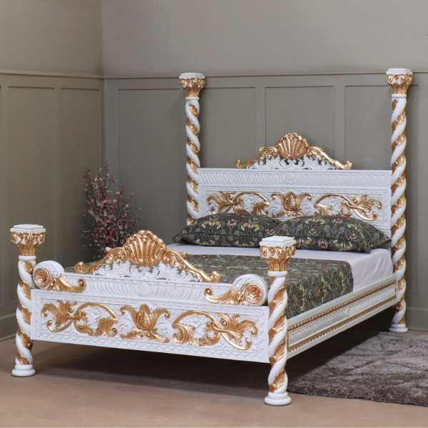 Four Poster Bed White & Gold