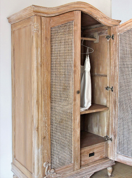 Armt030 Belle French Weathered Wardrobe With Rattan Doors Detail