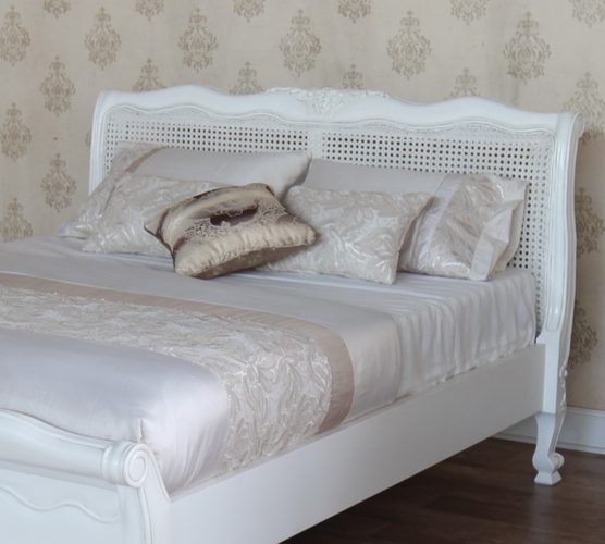 Rattan Furniture - elegance French Louis cane bed in antique white