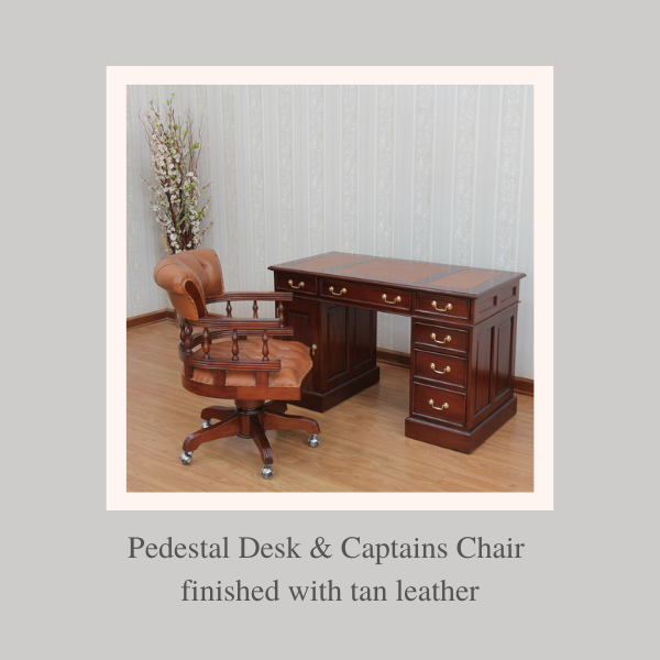 Bespoke Mahogany Desks: Pedestal Desk & Captains Chair finished with tan leather