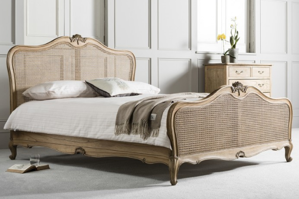 French Rattan Bed: Frank Hudson Chic Cane Bed with a weathered finish